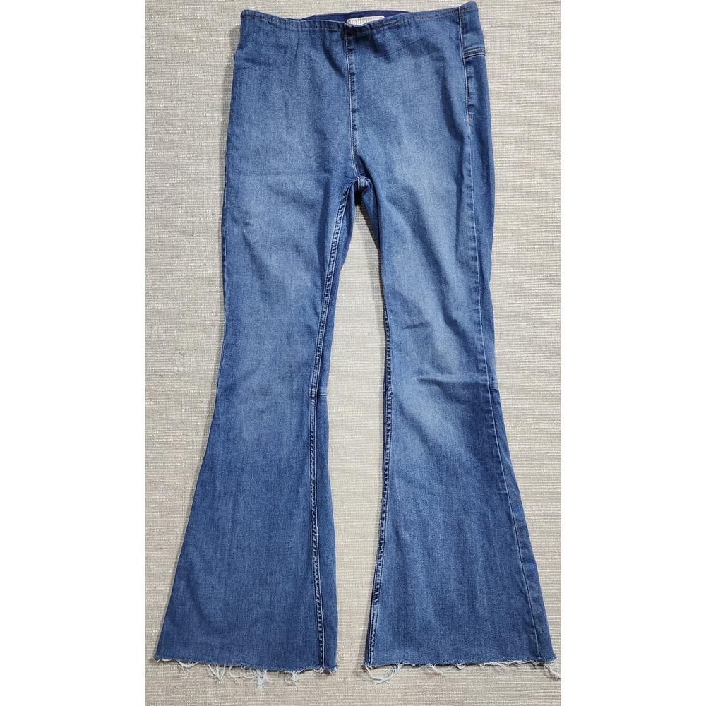 Free People Penny Pull On Flare Jeans Blue High Rise Bell Bottom Raw Hem Size27R